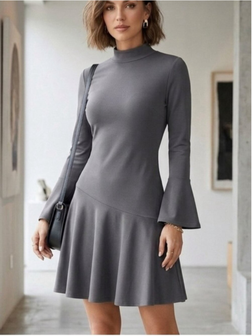 Long-Sleeve Grey Mock Neck Fit & Flounce Skirt Dress trendy party casual 1988
